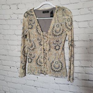 Axcess, Size: L, Tan/Black Multi Print Long Sleeved Top